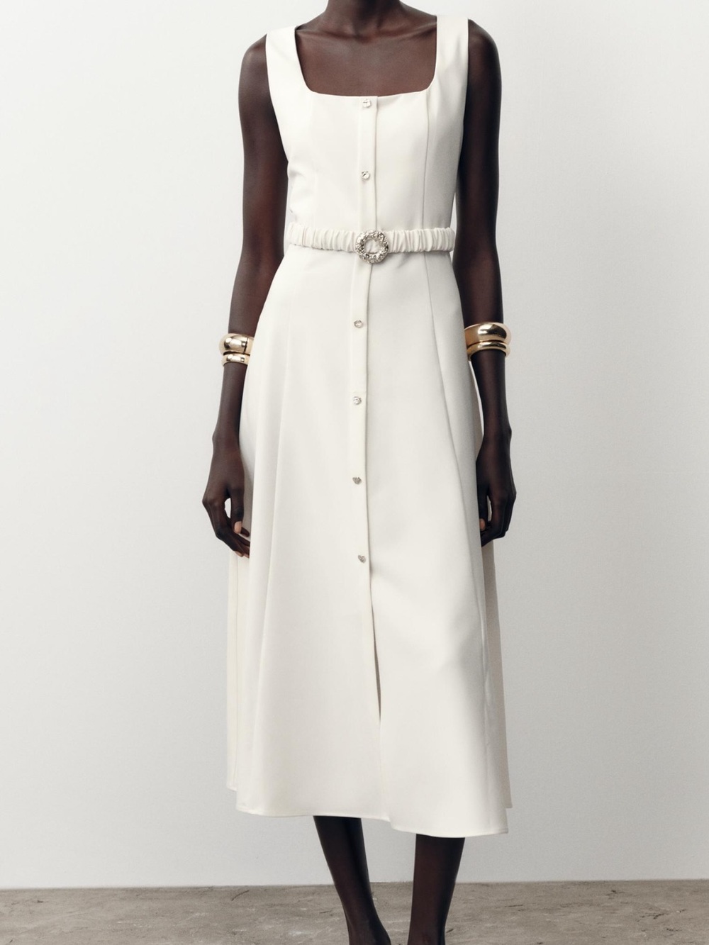 Zara Cream Button-Front Midi Dress with Decorative Belt